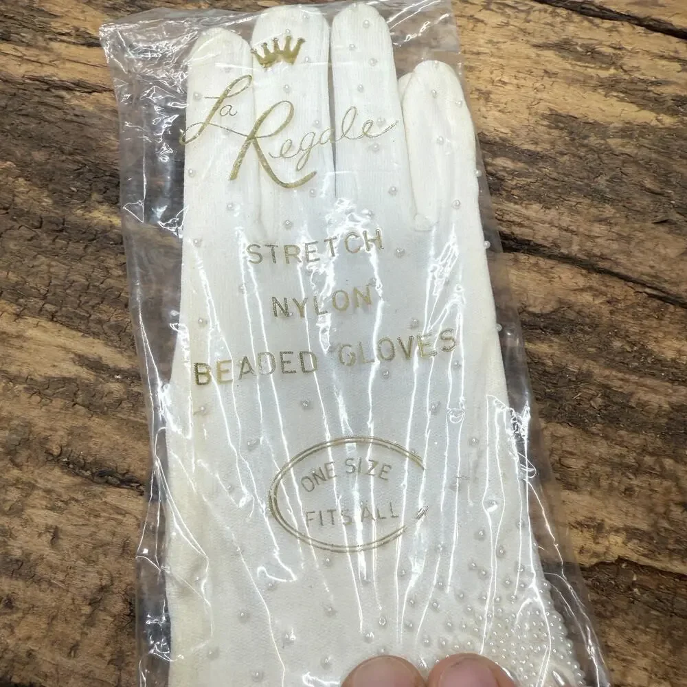 Vintage La Regale Ivory Pearl Beaded Nylon Stretch Gloves Original Box